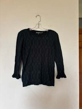 Karl Lagerfeld Paris Ribbed and Diamond Pointelle Knit Sweater with Ruffle Cuffs